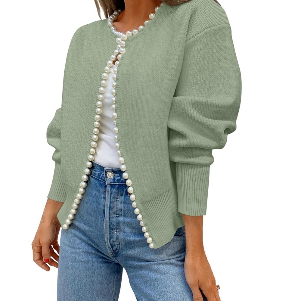 Women's Green Sweater with Pearl Detailing